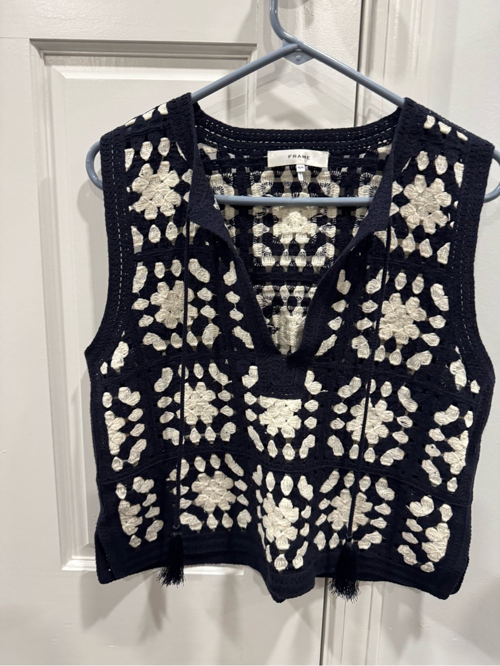 Frame Denim Black and Cream Crochet V-Neck Tank with Tassel Ties